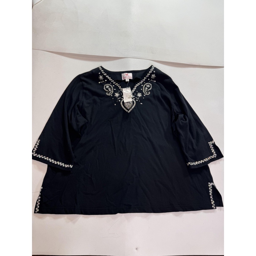 Quacker Factory Shirt Womens 3X Black Paisley Beaded Sequin Tunic 3/4 Sleeve